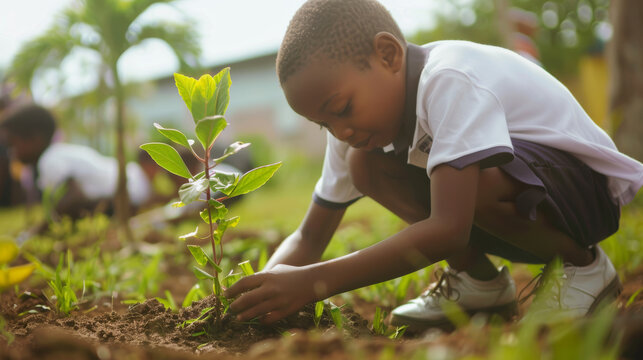 A young afro american boy kneeling on the ground, planting a tree on the first of September, day of knowledge - Powered by Adobe