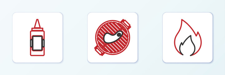 Set line Fire flame, Mustard bottle and Barbecue grill with steak icon. Vector