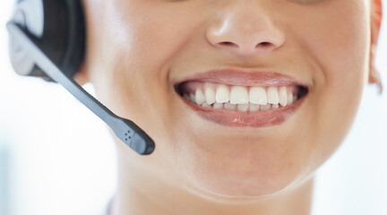 Woman, smile and headset in call center with teeth, mouth and communication in closeup for telemarketing. Microphone, positive or happy person with consulting job for assistance with clients in Italy