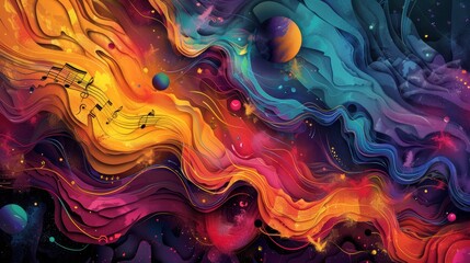 Vibrant colors blend with musical elements in a surreal landscape where creativity and harmony visually intertwine. Generative Ai