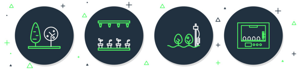 Set line Automatic irrigation sprinklers, Standalone sensor and plant, Trees and Incubator for eggs icon. Vector