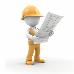 13 - Depict a 3D engineer wearing a hard hat and holding a blueprint, against a white background.