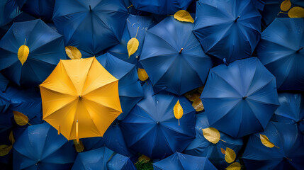 'Unique umbrella in a crowd of similar ones'