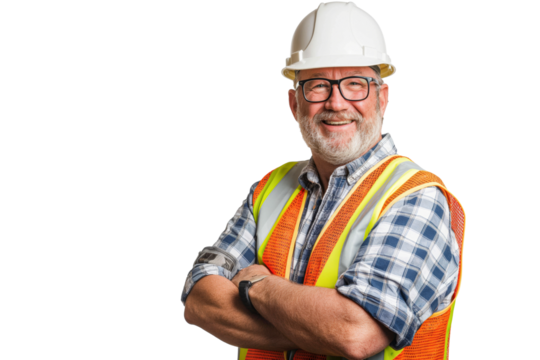 Smiling Construction Worker in White Hard Hat and Safety Vest