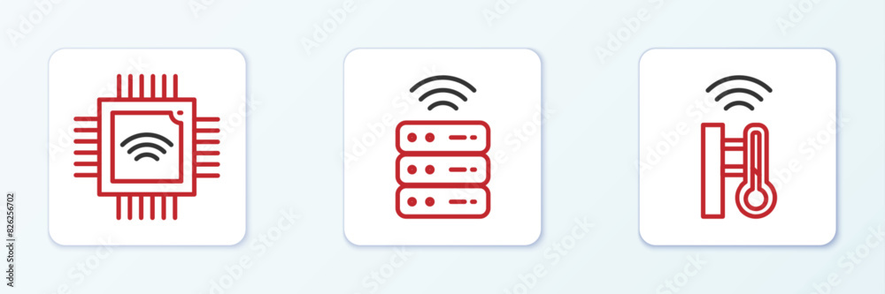 Poster Set line Smart thermometer, Processor with microcircuits CPU and server icon. Vector