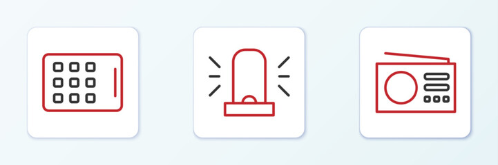 Set line Radio, Graphic tablet and Flasher siren icon. Vector