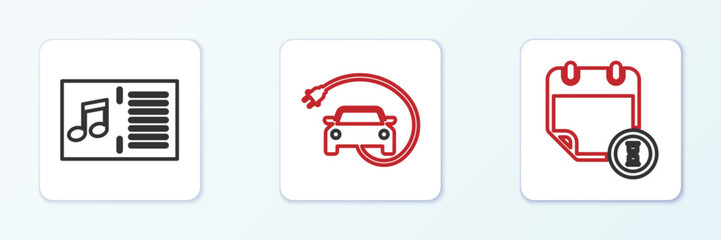 Set line Calendar and clock, Music book with note and Electric car icon. Vector