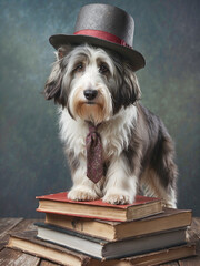 cute puppy dog bearded collie, portrait standing on books, wearing a tie and hat, photorealistic illustration of humorous animal concept 