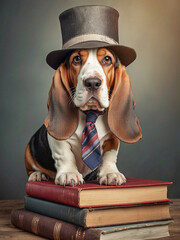 cute puppy basset dog portrait standing on books, wearing a tie and hat, photorealistic illustration of humorous animal concept 