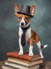 cute puppy dog basenji, portrait standing on books, wearing a tie and hat, photorealistic illustration of humorous animal concept 