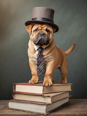 cute sharpei dog with funny gentleman hat and tie standing on pile of books, photorealistic illustration of humorous animal concept 