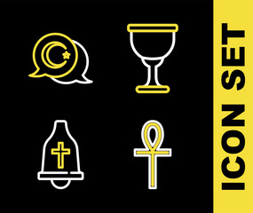 Set line Holy grail or chalice, Cross ankh, Church bell and Star and crescent icon. Vector