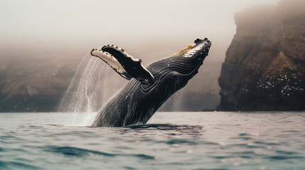 Fototapeta premium Humpback Whale Leaping: Ocean Water