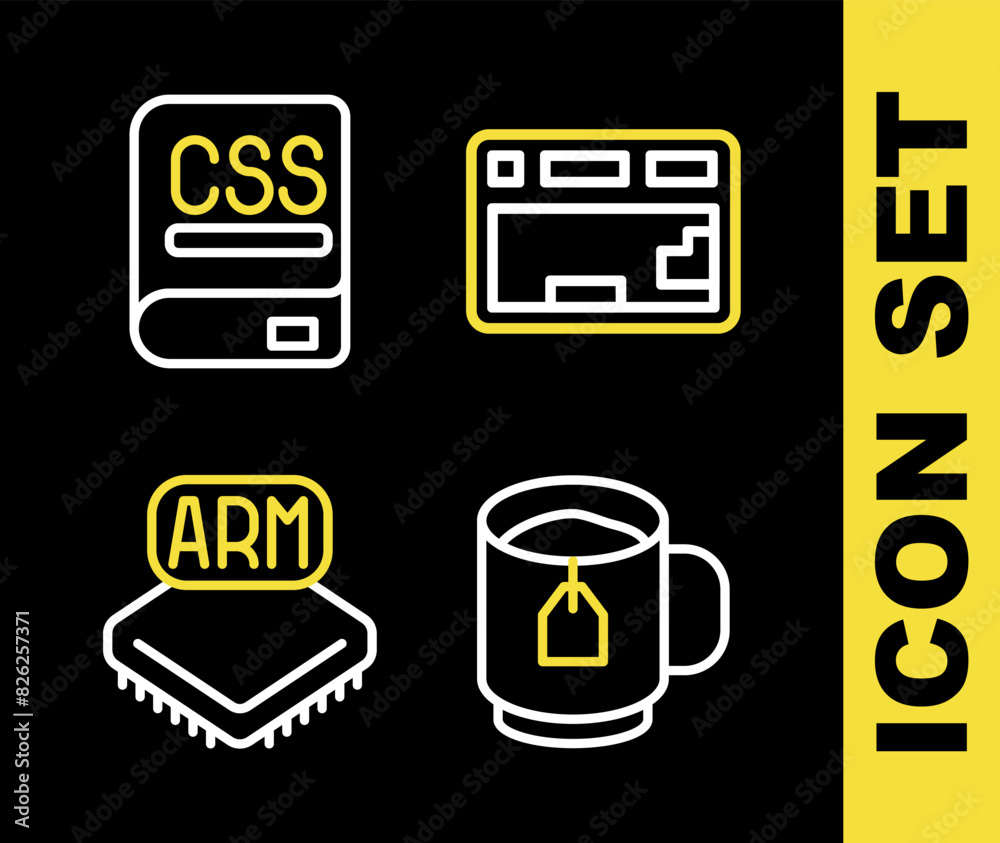 Poster set line keyboard, cup of tea with tea bag, processor and books about programming icon. vector