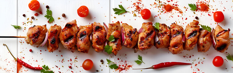 Grilled chicken wings in barbecue with chilly fresh food styling on white abstract background

