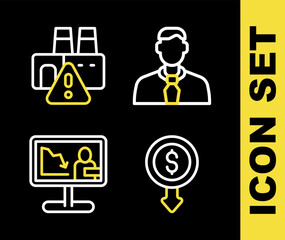 Set line Worker, Dollar rate decrease, Global economic crisis news and Shutdown of factory icon. Vector