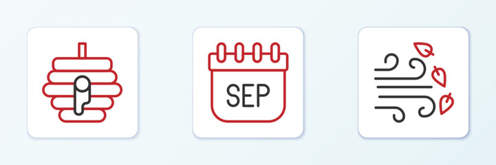 Set line Windy weather, Hive for bees and September calendar autumn icon. Vector