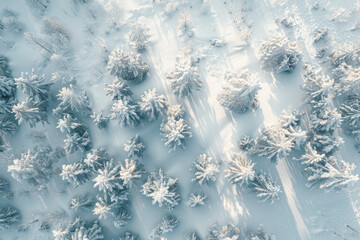 Fototapeta premium Aerial view of a snow-covered landscape, with minimal elements and a focus on the purity of the snow against sparse trees or rocks. 