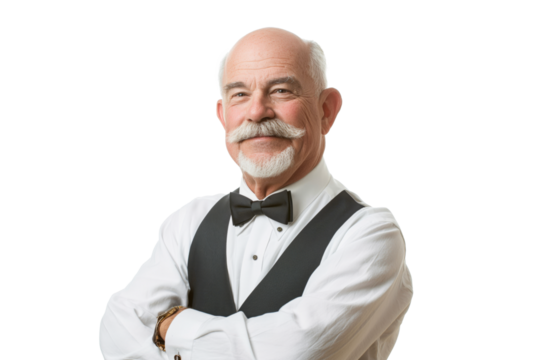 Smiling Bald Man in Bow Tie and Vest