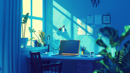 Working Space Animation with Laptop, Table, and Window on Blue Background