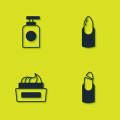 Set Tube of hand cream, Broken nail, Bottle polish and Nail manicure icon. Vector