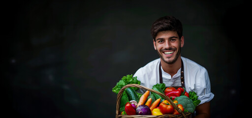 A Italian man is smiling and holding a basket full of vegetables. The basket contains a variety of vegetables such as carrots, broccoli, and tomatoes. The man is proud of his produce. Italian chef
