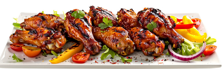 A sizzling hot dish with succulent chicken drumsticks perfectly roasted garnished with fresh herbs white background
