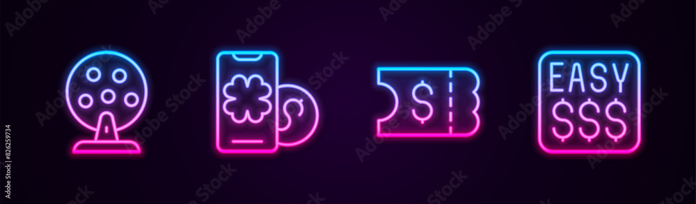 Wall mural Set line Lottery machine, Online poker table game, ticket and Money prize casino. Glowing neon icon. Vector