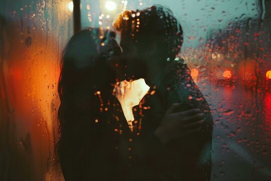 Silhouette of a loving couple sharing a kiss, obscured by a window with raindrops, at dusk - Powered by Adobe