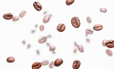 roasted coffee beans on white background. top view