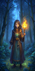 Fototapeta premium A magician girl in a long cloak stands in a forest holding a glowing staff. This image symbolizes magic, adventure and fantasy, creating an atmosphere of mystery and magic.