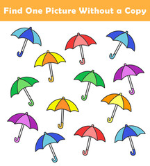 Obraz premium Find One Picture Without a Copy for Preschool Children. Find same picture worksheet for kids. Worksheet for kindergarten-aged children with cute umbrella illustration.