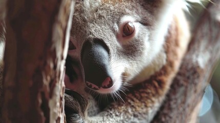   A close-up image of a koala on a tree with its head dangling over the edge of its branch