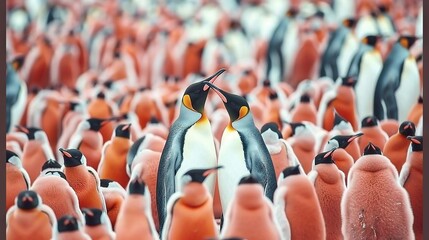   A group of large penguins stands amidst a group of smaller penguins, surrounded by yet another group of even smaller penguins - Powered by Adobe