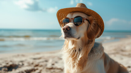 Dog in a hat and glasses sits on the beach of the sea or ocean. Summer holiday and vacation concept. holidays with pets