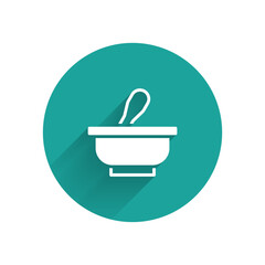 White Mortar and pestle icon isolated with long shadow. Green circle button. Vector