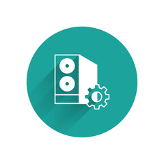 White Case of computer setting icon isolated with long shadow background. Computer server. Workstation. Adjusting, service, maintenance, repair, fixing. Green circle button. Vector