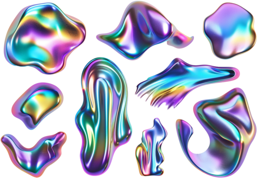 Bold holographic liquid metal shapes set transparent background