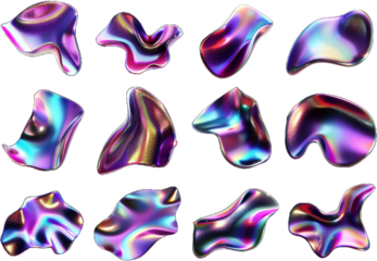 Bold holographic liquid metal shapes set transparent background