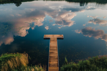 Aerial view of a single dock extending into a still lake, with reflections of the sky and surrounding landscape. Emphasize the tranquility and simplicity of the scene. 