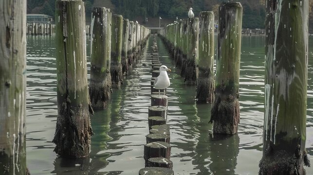   A seagull perched atop an old wooden pole, surrounded by poles jutting from the water