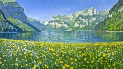   A painting featuring a yellow-flowered foreground, a blue sky, and cloud-filled background