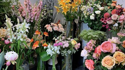   A cluster of vases brimming with diverse floral arrangements adorned a nearby table