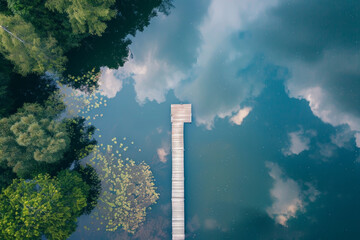 Fototapeta premium Aerial view of a single dock extending into a still lake, with reflections of the sky and surrounding landscape. Emphasize the tranquility and simplicity of the scene. 