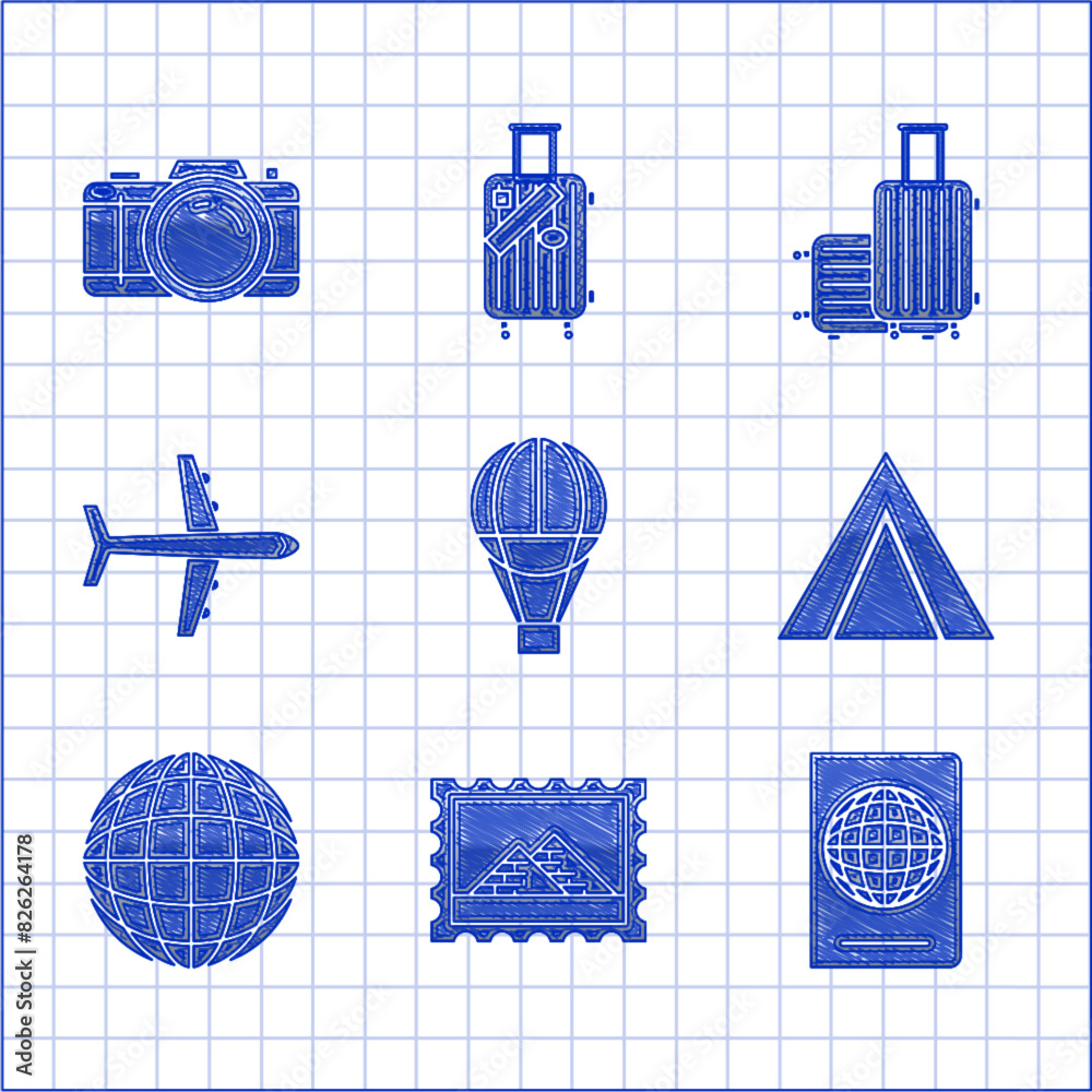 Poster Set Hot air balloon, Postal stamp and Egypt pyramids, Passport with biometric data, Tourist tent, Earth globe, Plane, Suitcase for travel and Photo camera icon. Vector