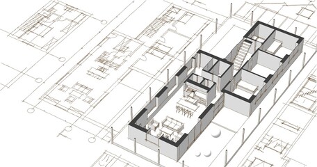  house architectural project sketch 3d illustration