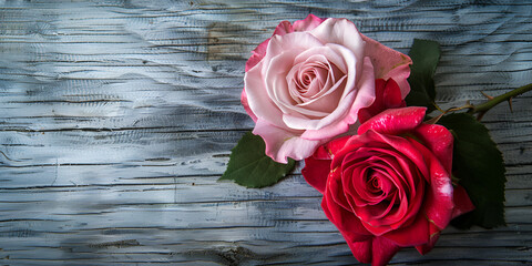 The image features two roses with pink and red petals, green leaves, and a stem. They are placed on a wooden surface with grey and white stripes.