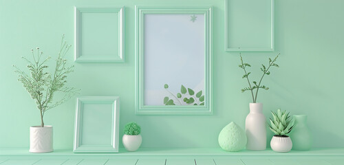 Stereoscopic rectangle template set with mint green scrapbook mockup frame photo collage.