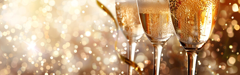 glasses of sparkling wine on a joyous festive festive spirit Year's Eve background
