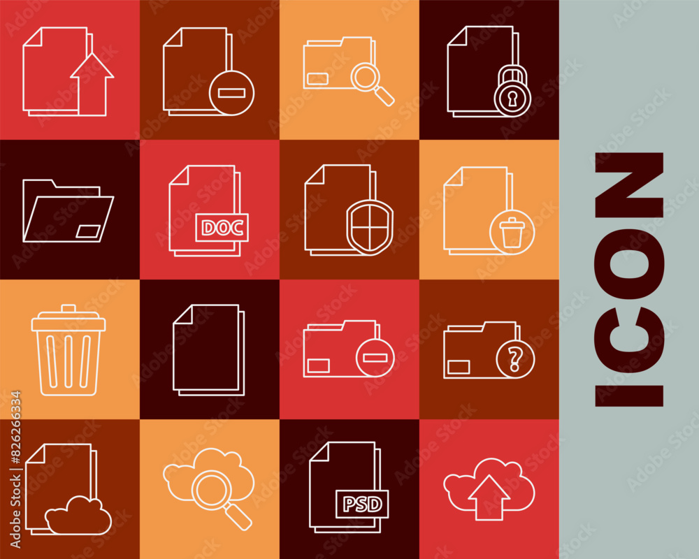 Poster set line cloud upload, unknown document folder, delete file, search concept with, doc, document, upl
